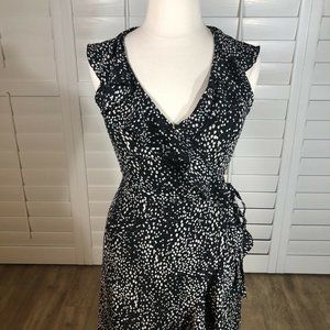 Max Studio Black White Crepe Wrap Dress L Ruffled High Low Flowy Flirty